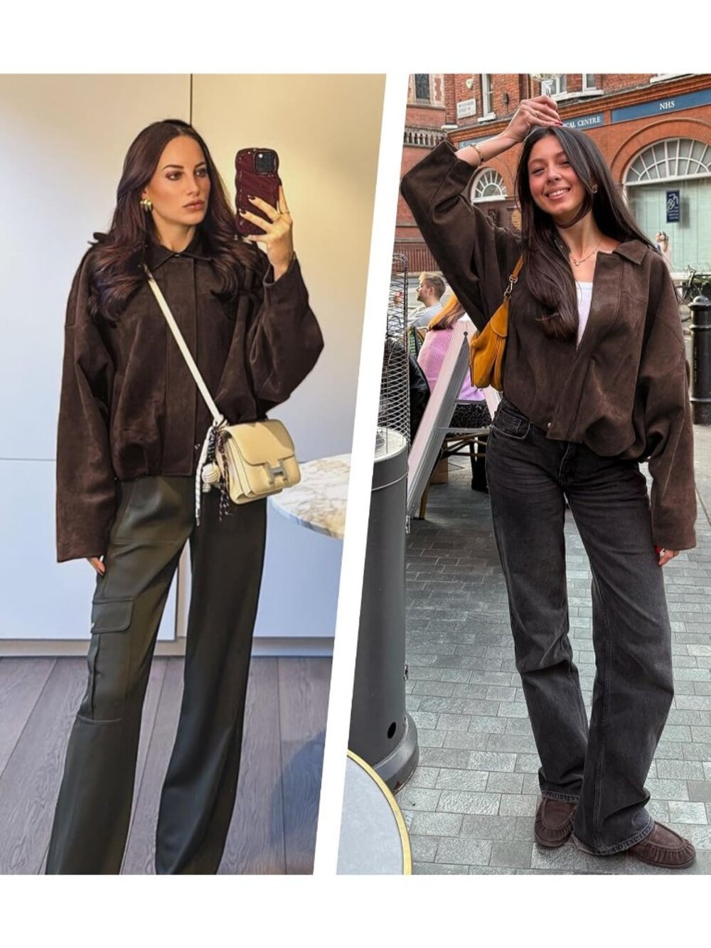 Women's Brown Faux Suede Oversized Cropped Open Front Zipper Bomber Jacket Coat - Picture 5 of 6